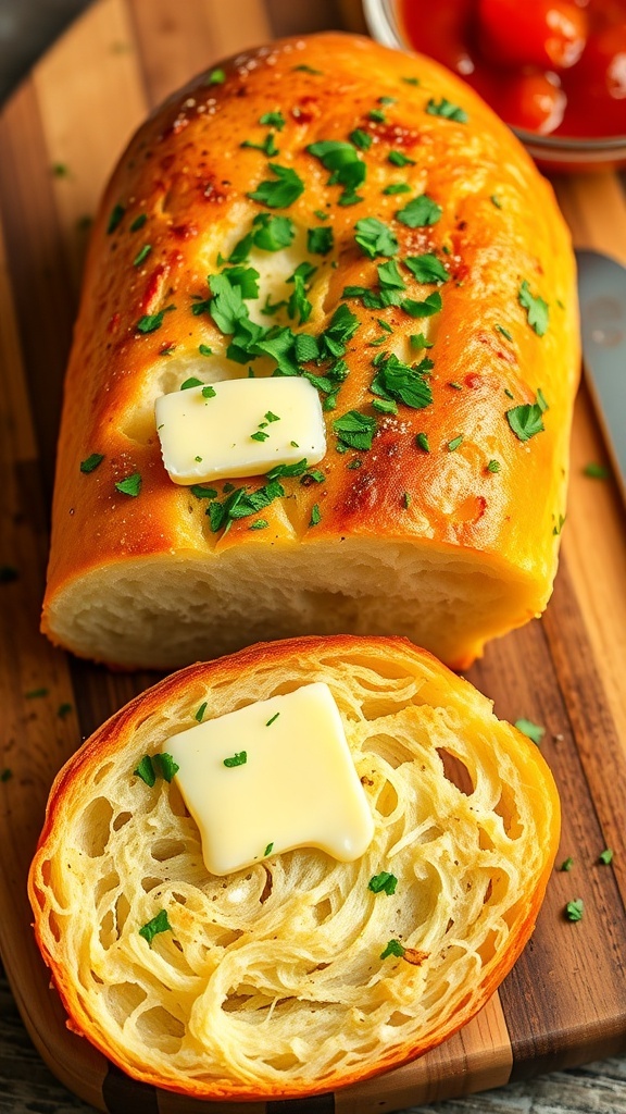 Quick Garlic Bread Recipe Crispy garlic bread slices topped with parsley, served on a wooden board with marinara sauce.